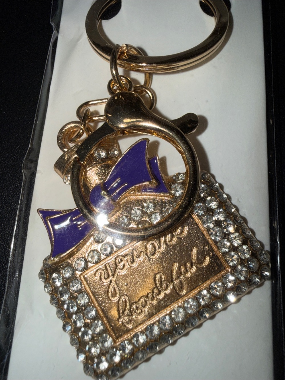 Gold-Tone Purple Bow Rhinestone Handbag Keychain